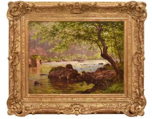 OLD PAINTING LANDSCAPE WITH RIVER, EDMOND HIS, OIL ON CANVAS, EARLY 20TH CENTURY. (QP703)